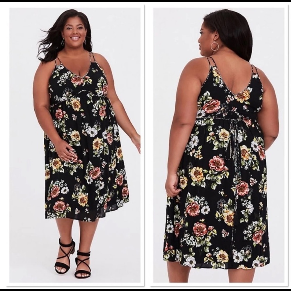 Torrid Black Floral Mixed Print Midi Dress